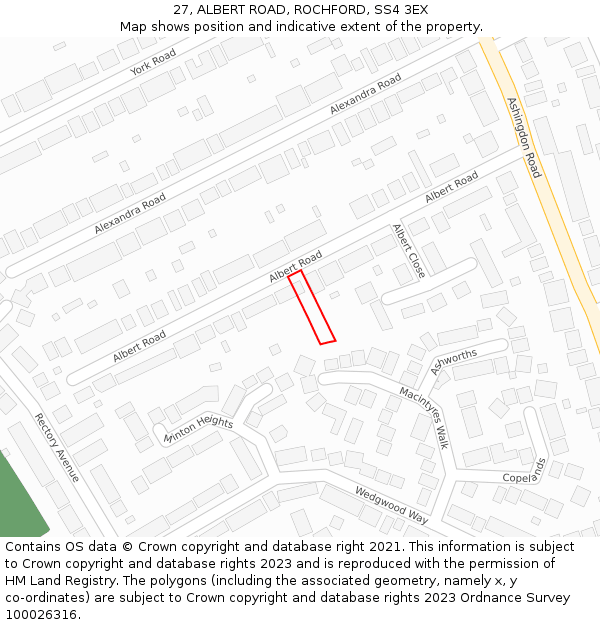 27, ALBERT ROAD, ROCHFORD, SS4 3EX: Location map and indicative extent of plot