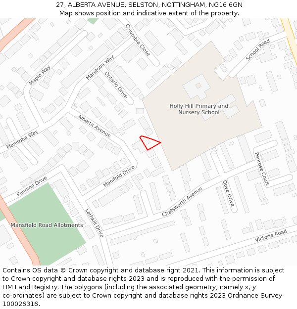 27, ALBERTA AVENUE, SELSTON, NOTTINGHAM, NG16 6GN: Location map and indicative extent of plot