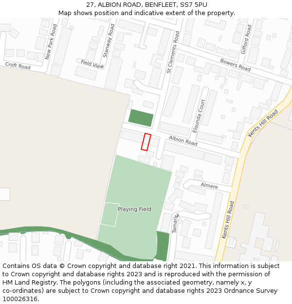 27, ALBION ROAD, BENFLEET, SS7 5PU: Location map and indicative extent of plot
