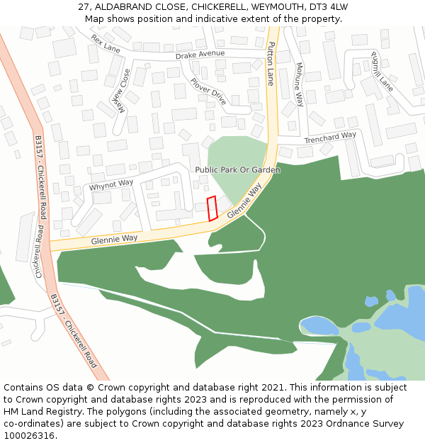 27, ALDABRAND CLOSE, CHICKERELL, WEYMOUTH, DT3 4LW: Location map and indicative extent of plot