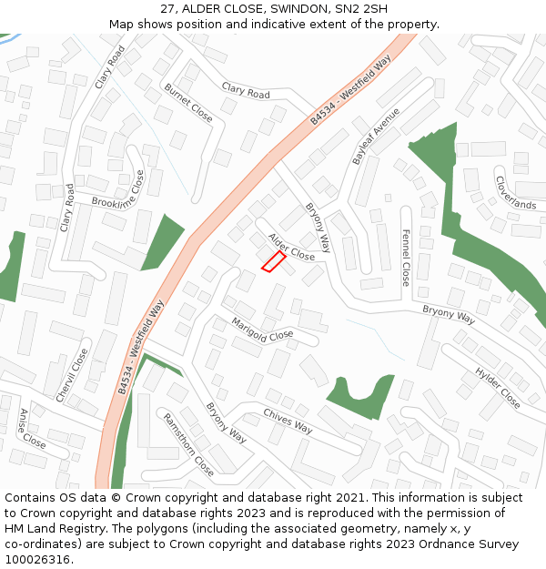 27, ALDER CLOSE, SWINDON, SN2 2SH: Location map and indicative extent of plot