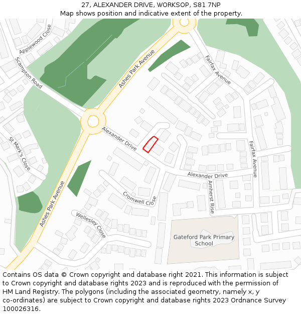 27, ALEXANDER DRIVE, WORKSOP, S81 7NP: Location map and indicative extent of plot