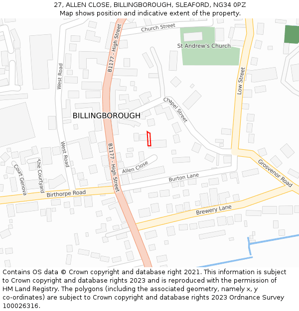 27, ALLEN CLOSE, BILLINGBOROUGH, SLEAFORD, NG34 0PZ: Location map and indicative extent of plot