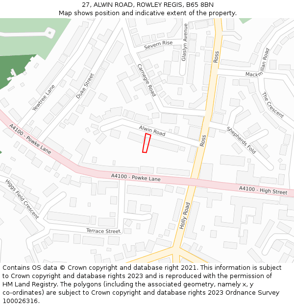 27, ALWIN ROAD, ROWLEY REGIS, B65 8BN: Location map and indicative extent of plot