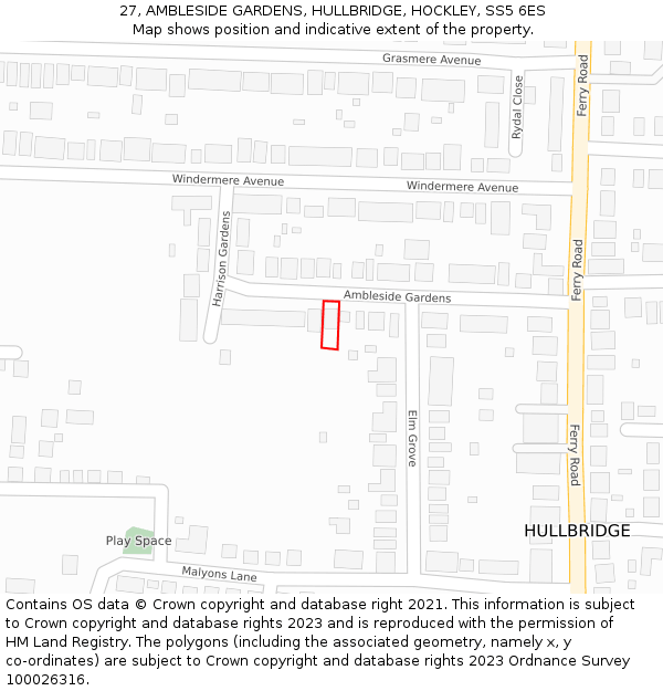 27, AMBLESIDE GARDENS, HULLBRIDGE, HOCKLEY, SS5 6ES: Location map and indicative extent of plot