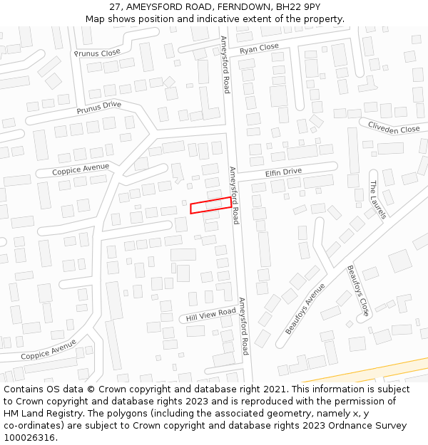 27, AMEYSFORD ROAD, FERNDOWN, BH22 9PY: Location map and indicative extent of plot