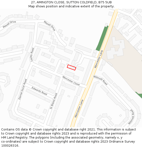 27, AMINGTON CLOSE, SUTTON COLDFIELD, B75 5UB: Location map and indicative extent of plot