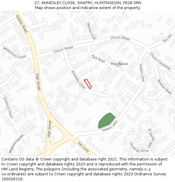 27, ANNESLEY CLOSE, SAWTRY, HUNTINGDON, PE28 5RN: Location map and indicative extent of plot