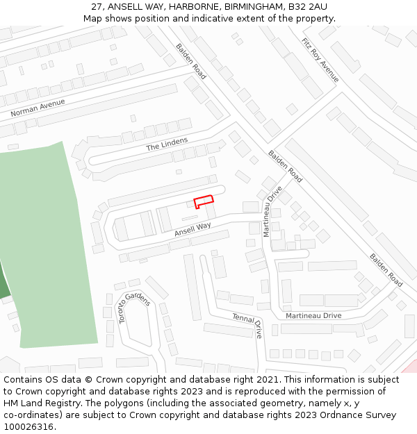 27, ANSELL WAY, HARBORNE, BIRMINGHAM, B32 2AU: Location map and indicative extent of plot