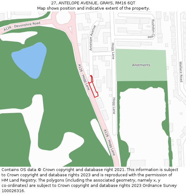 27, ANTELOPE AVENUE, GRAYS, RM16 6QT: Location map and indicative extent of plot