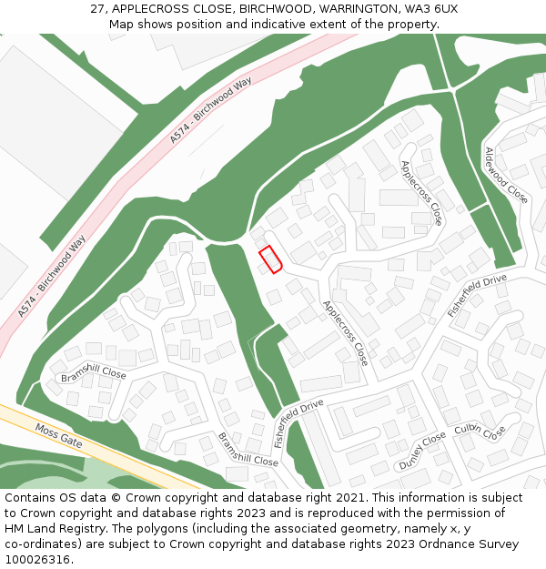 27, APPLECROSS CLOSE, BIRCHWOOD, WARRINGTON, WA3 6UX: Location map and indicative extent of plot