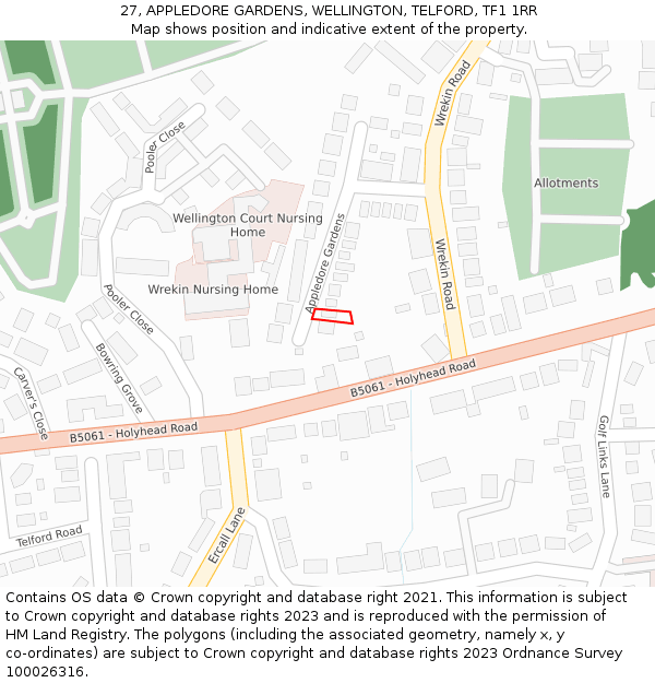 27, APPLEDORE GARDENS, WELLINGTON, TELFORD, TF1 1RR: Location map and indicative extent of plot