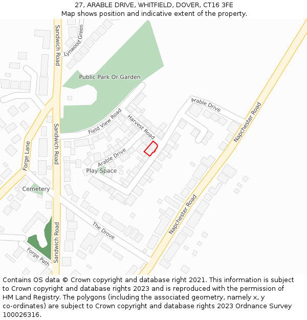 27, ARABLE DRIVE, WHITFIELD, DOVER, CT16 3FE: Location map and indicative extent of plot