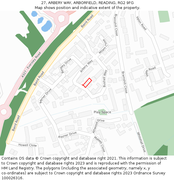 27, ARBERY WAY, ARBORFIELD, READING, RG2 9FG: Location map and indicative extent of plot