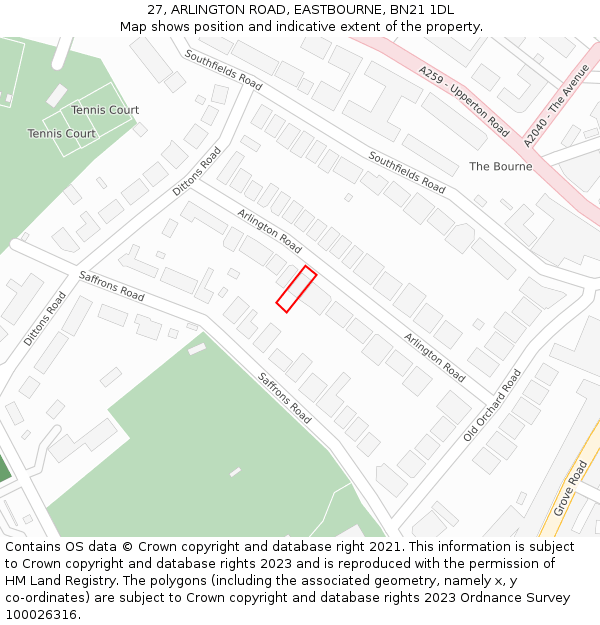 27, ARLINGTON ROAD, EASTBOURNE, BN21 1DL: Location map and indicative extent of plot