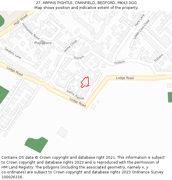 27, ARPINS PIGHTLE, CRANFIELD, BEDFORD, MK43 0GG: Location map and indicative extent of plot