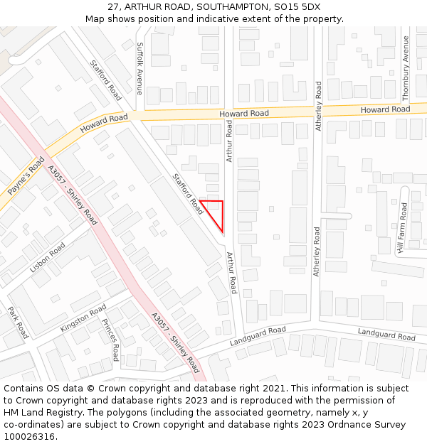 27, ARTHUR ROAD, SOUTHAMPTON, SO15 5DX: Location map and indicative extent of plot