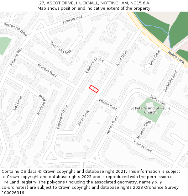 27, ASCOT DRIVE, HUCKNALL, NOTTINGHAM, NG15 6JA: Location map and indicative extent of plot