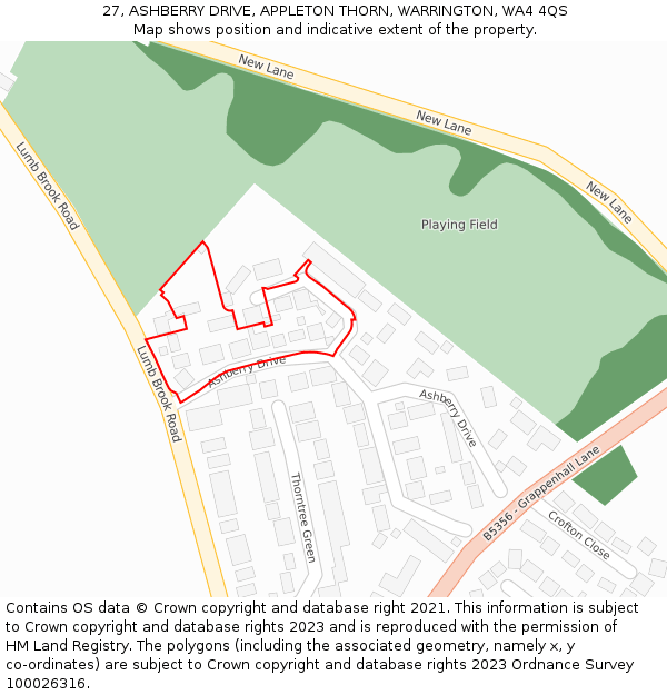 27, ASHBERRY DRIVE, APPLETON THORN, WARRINGTON, WA4 4QS: Location map and indicative extent of plot
