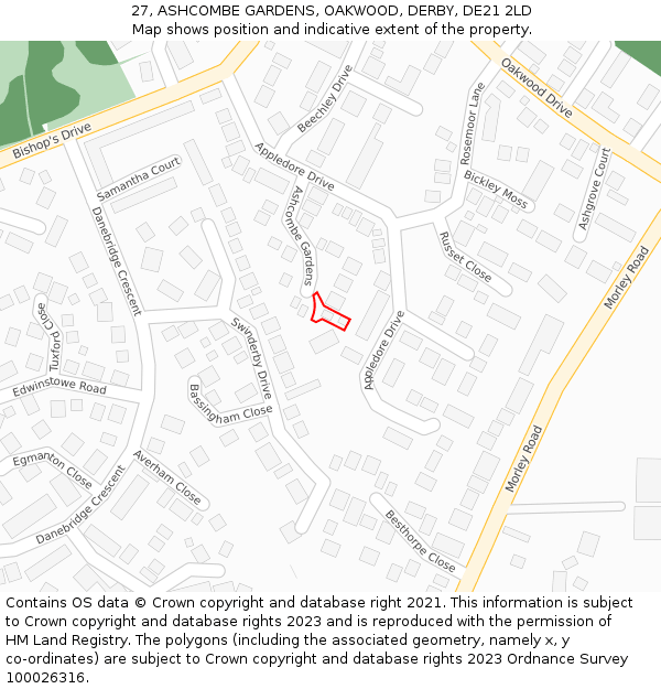 27, ASHCOMBE GARDENS, OAKWOOD, DERBY, DE21 2LD: Location map and indicative extent of plot