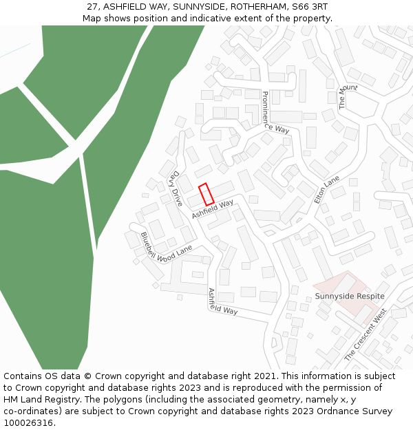 27, ASHFIELD WAY, SUNNYSIDE, ROTHERHAM, S66 3RT: Location map and indicative extent of plot