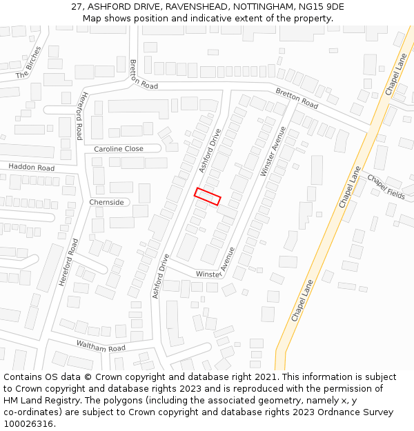 27, ASHFORD DRIVE, RAVENSHEAD, NOTTINGHAM, NG15 9DE: Location map and indicative extent of plot