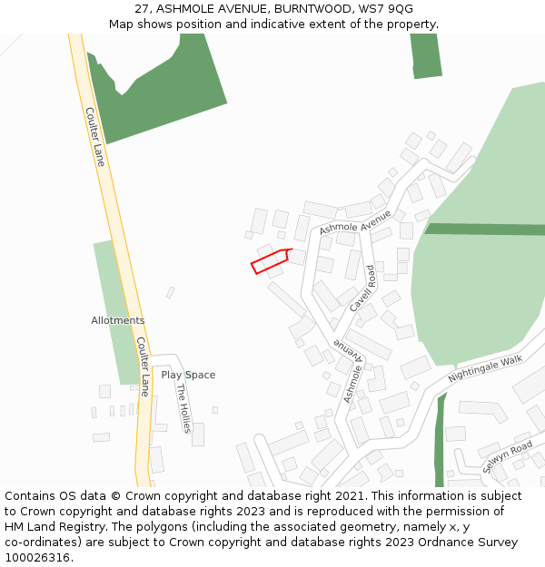 27, ASHMOLE AVENUE, BURNTWOOD, WS7 9QG: Location map and indicative extent of plot