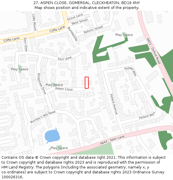 27, ASPEN CLOSE, GOMERSAL, CLECKHEATON, BD19 4NY: Location map and indicative extent of plot