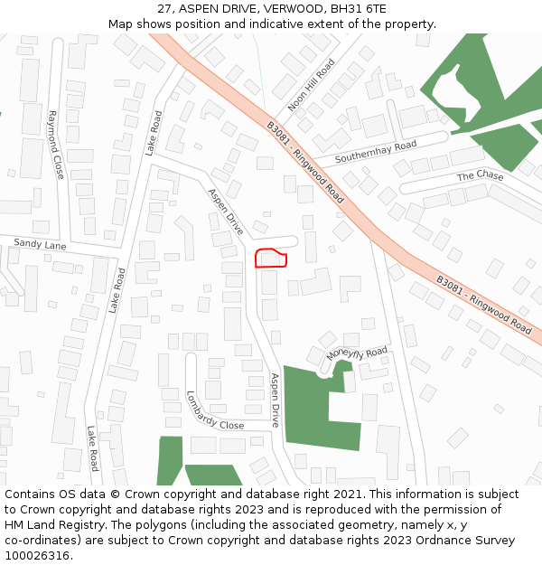 27, ASPEN DRIVE, VERWOOD, BH31 6TE: Location map and indicative extent of plot