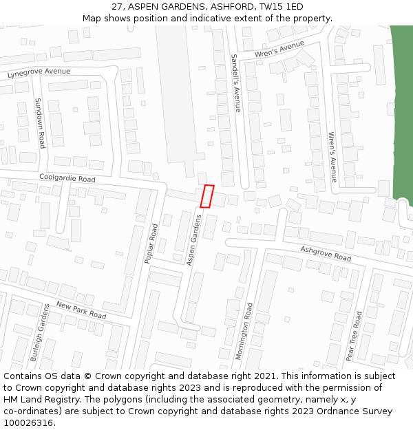 27, ASPEN GARDENS, ASHFORD, TW15 1ED: Location map and indicative extent of plot