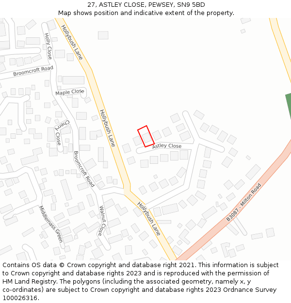 27, ASTLEY CLOSE, PEWSEY, SN9 5BD: Location map and indicative extent of plot