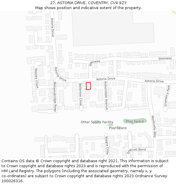 27, ASTORIA DRIVE, COVENTRY, CV4 9ZY: Location map and indicative extent of plot