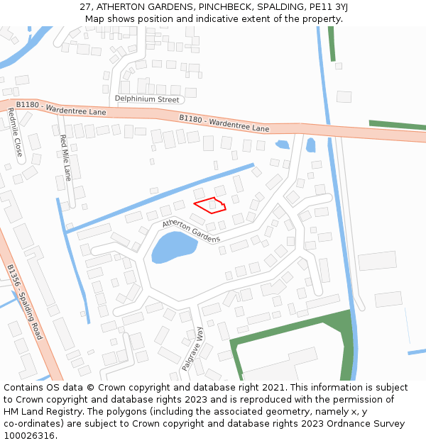 27, ATHERTON GARDENS, PINCHBECK, SPALDING, PE11 3YJ: Location map and indicative extent of plot
