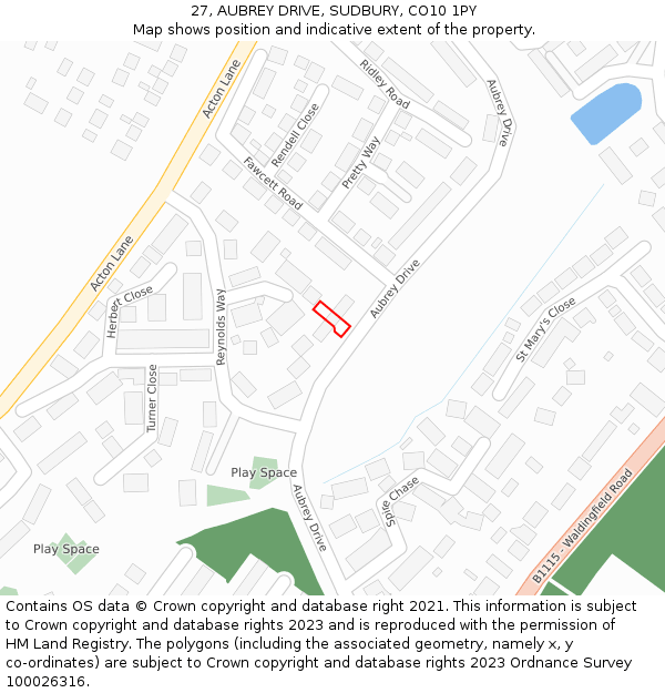 27, AUBREY DRIVE, SUDBURY, CO10 1PY: Location map and indicative extent of plot