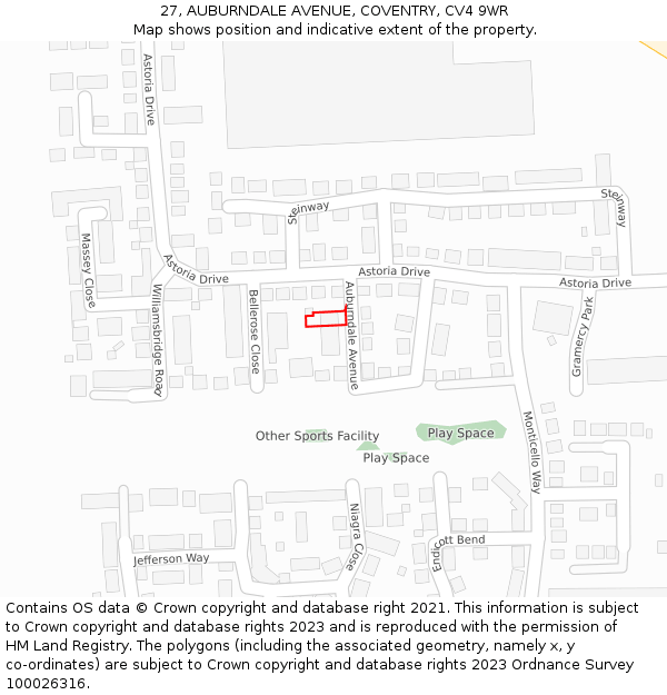 27, AUBURNDALE AVENUE, COVENTRY, CV4 9WR: Location map and indicative extent of plot