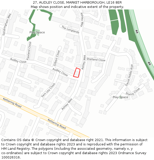 27, AUDLEY CLOSE, MARKET HARBOROUGH, LE16 8ER: Location map and indicative extent of plot