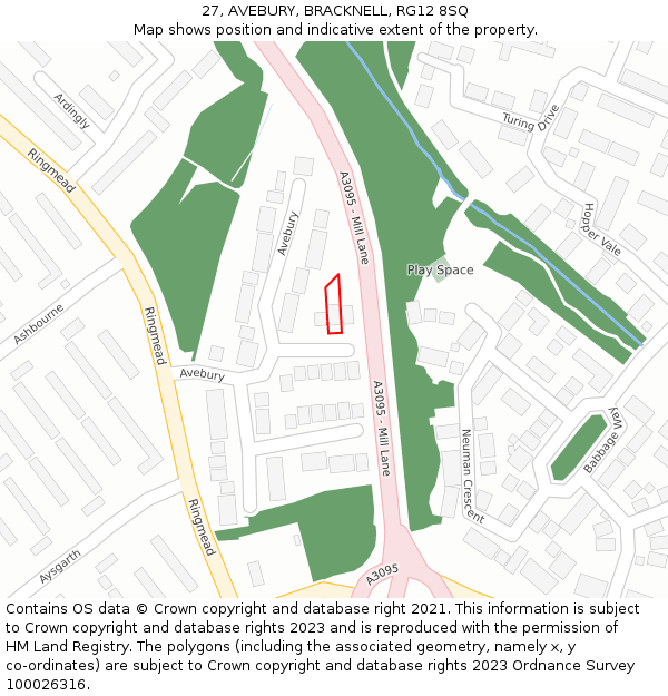 27, AVEBURY, BRACKNELL, RG12 8SQ: Location map and indicative extent of plot