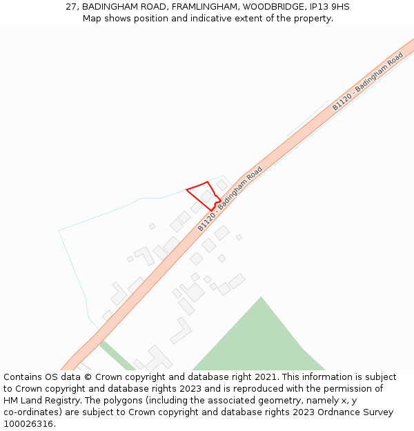 27, BADINGHAM ROAD, FRAMLINGHAM, WOODBRIDGE, IP13 9HS: Location map and indicative extent of plot