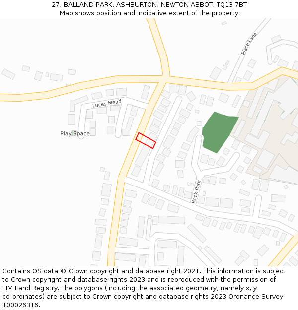 27, BALLAND PARK, ASHBURTON, NEWTON ABBOT, TQ13 7BT: Location map and indicative extent of plot