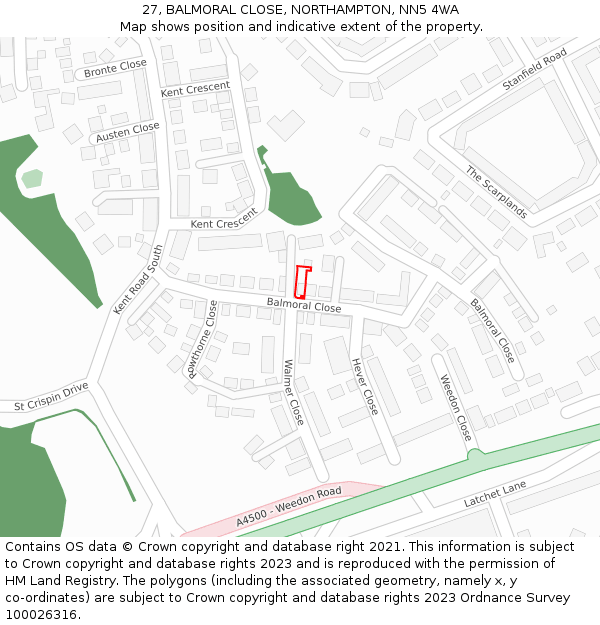 27, BALMORAL CLOSE, NORTHAMPTON, NN5 4WA: Location map and indicative extent of plot