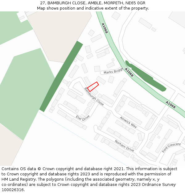 27, BAMBURGH CLOSE, AMBLE, MORPETH, NE65 0GR: Location map and indicative extent of plot