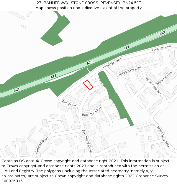 27, BANNER WAY, STONE CROSS, PEVENSEY, BN24 5FE: Location map and indicative extent of plot