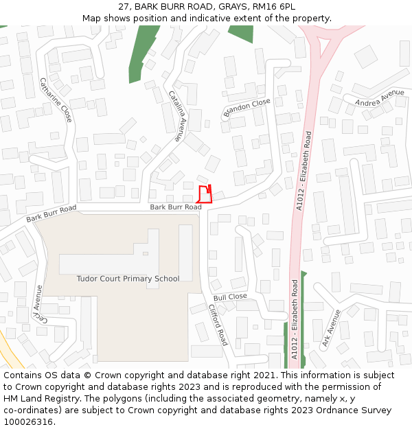 27, BARK BURR ROAD, GRAYS, RM16 6PL: Location map and indicative extent of plot