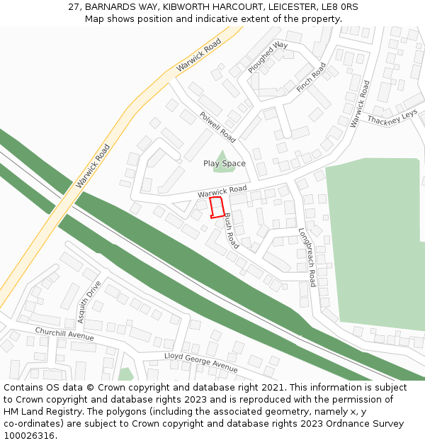 27, BARNARDS WAY, KIBWORTH HARCOURT, LEICESTER, LE8 0RS: Location map and indicative extent of plot