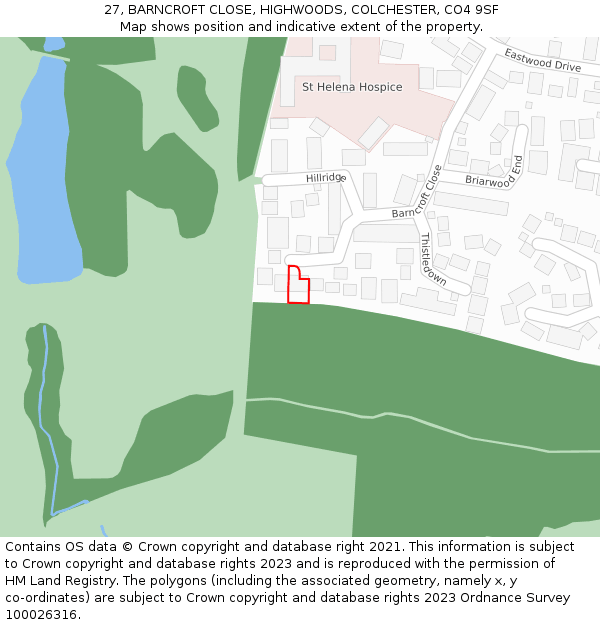 27, BARNCROFT CLOSE, HIGHWOODS, COLCHESTER, CO4 9SF: Location map and indicative extent of plot