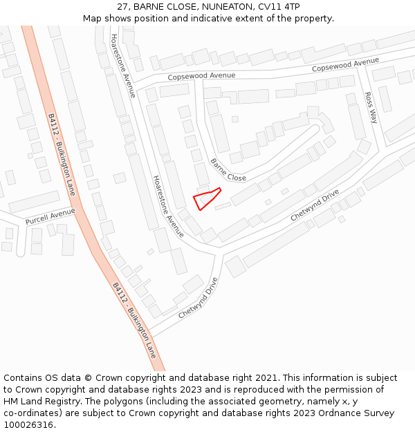 27, BARNE CLOSE, NUNEATON, CV11 4TP: Location map and indicative extent of plot