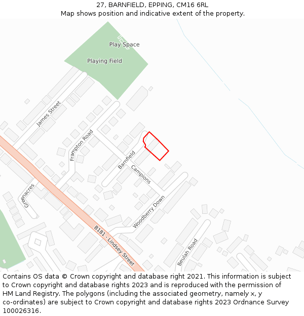 27, BARNFIELD, EPPING, CM16 6RL: Location map and indicative extent of plot