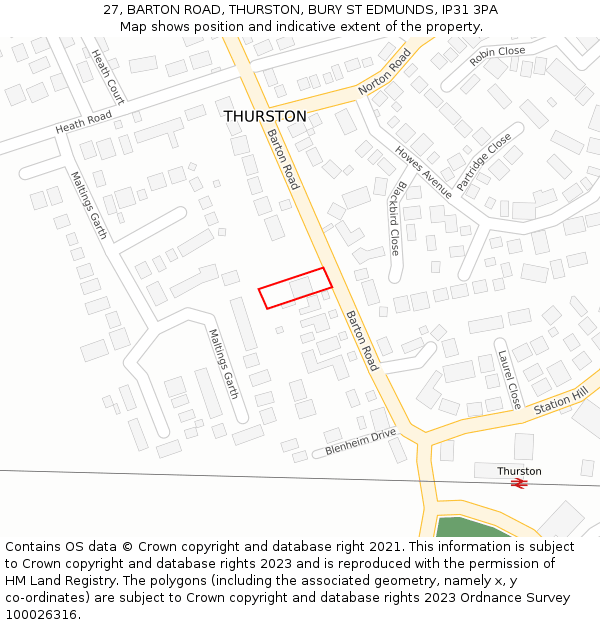 27, BARTON ROAD, THURSTON, BURY ST EDMUNDS, IP31 3PA: Location map and indicative extent of plot