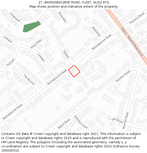 27, BASINGBOURNE ROAD, FLEET, GU52 6TG: Location map and indicative extent of plot