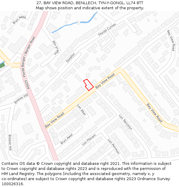 27, BAY VIEW ROAD, BENLLECH, TYN-Y-GONGL, LL74 8TT: Location map and indicative extent of plot